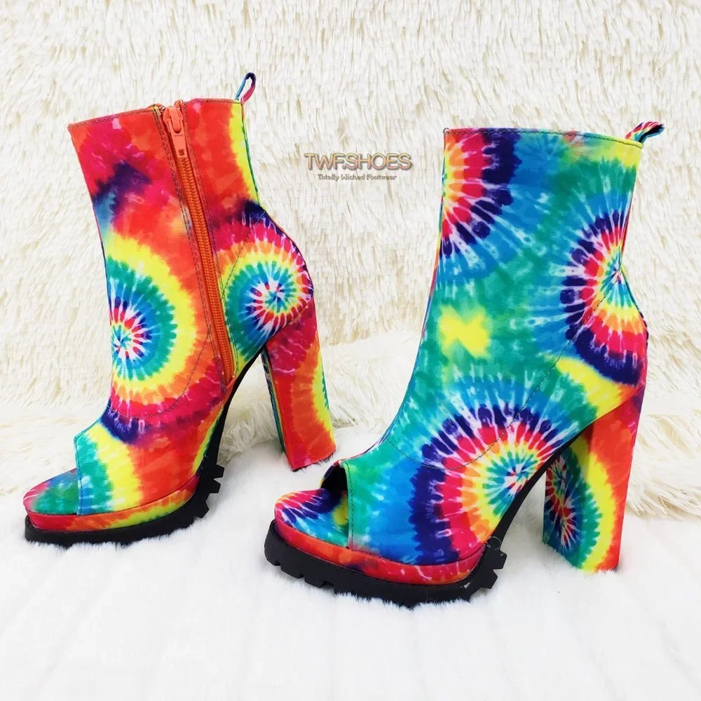 Trippin Colorful Tie Dye Open Toe Chunky Platform Heel Ankle Boots - Picture 11 of 11